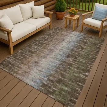5' X 8' Brown Green And Ivory Abstract Washable Indoor Outdoor Area Rug