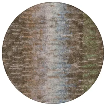 8' Brown Green And Ivory Round Abstract Washable Indoor Outdoor Area Rug