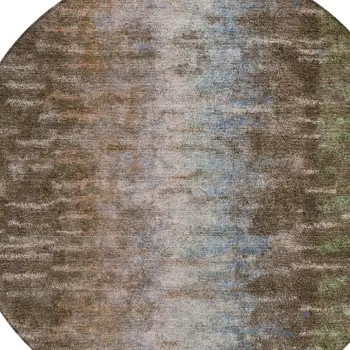 8' Brown Green And Ivory Round Abstract Washable Indoor Outdoor Area Rug