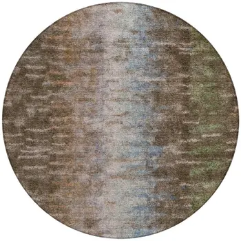 8' Brown Green And Ivory Round Abstract Washable Indoor Outdoor Area Rug