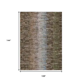9' X 12' Brown Green And Ivory Abstract Washable Indoor Outdoor Area Rug