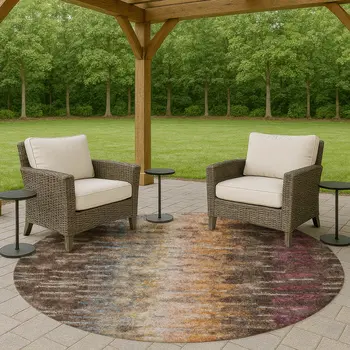 8' Chocolate Orange And Purple Round Abstract Washable Indoor Outdoor Area Rug