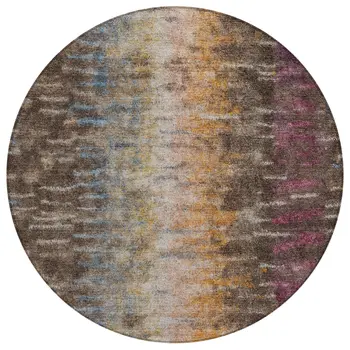 8' Chocolate Orange And Purple Round Abstract Washable Indoor Outdoor Area Rug