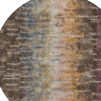 8' Chocolate Orange And Purple Round Abstract Washable Indoor Outdoor Area Rug