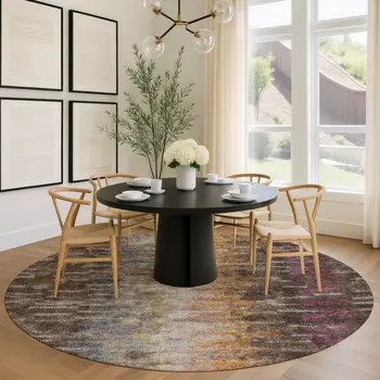 8' Chocolate Orange And Purple Round Abstract Washable Indoor Outdoor Area Rug