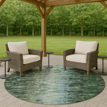 8' Emerald Teal Blue And Ivory Round Abstract Washable Indoor Outdoor Area Rug