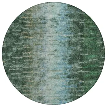 8' Emerald Teal Blue And Ivory Round Abstract Washable Indoor Outdoor Area Rug