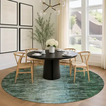 8' Emerald Teal Blue And Ivory Round Abstract Washable Indoor Outdoor Area Rug