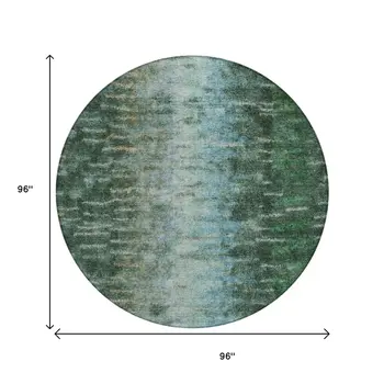 8' Emerald Teal Blue And Ivory Round Abstract Washable Indoor Outdoor Area Rug