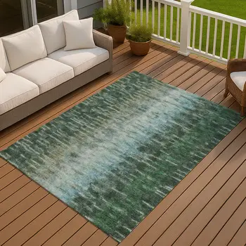 10' X 14' Emerald Teal Blue And Ivory Abstract Washable Indoor Outdoor Area Rug