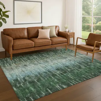 10' X 14' Emerald Teal Blue And Ivory Abstract Washable Indoor Outdoor Area Rug