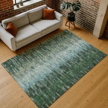 10' X 14' Emerald Teal Blue And Ivory Abstract Washable Indoor Outdoor Area Rug