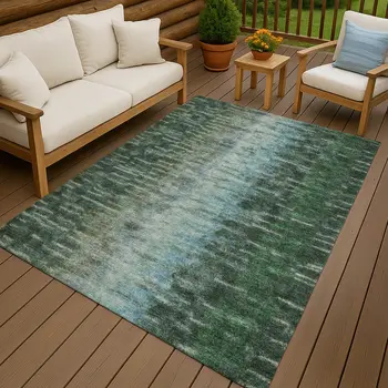 10' X 14' Emerald Teal Blue And Ivory Abstract Washable Indoor Outdoor Area Rug