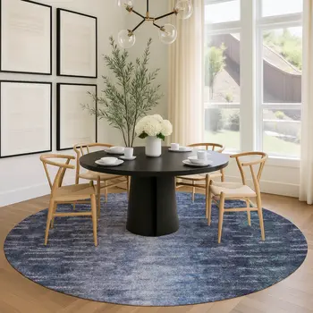8' Navy Blue And Ivory Round Abstract Washable Indoor Outdoor Area Rug