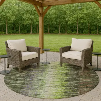 8' Olive Green Brown And Purple Round Abstract Washable Indoor Outdoor Area Rug