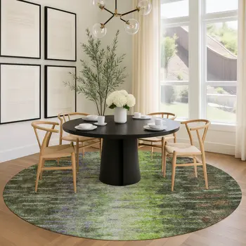 8' Olive Green Brown And Purple Round Abstract Washable Indoor Outdoor Area Rug