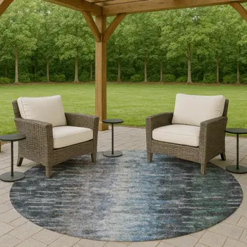 8' Teal Blue And Gray Round Abstract Washable Indoor Outdoor Area Rug