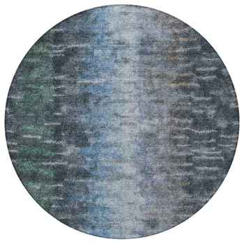 8' Teal Blue And Gray Round Abstract Washable Indoor Outdoor Area Rug