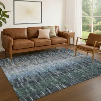 8' X 10' Teal Blue And Gray Abstract Washable Indoor Outdoor Area Rug
