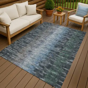 8' X 10' Teal Blue And Gray Abstract Washable Indoor Outdoor Area Rug