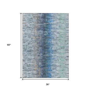 3' X 5' Blue And Ivory Abstract Washable Indoor Outdoor Area Rug