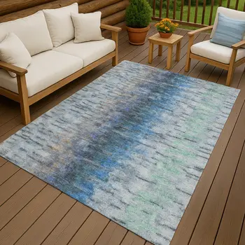 3' X 5' Blue And Ivory Abstract Washable Indoor Outdoor Area Rug