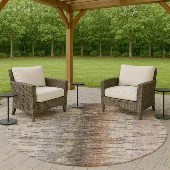 8' Brown Taupe And Ivory Round Abstract Washable Indoor Outdoor Area Rug