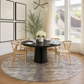 8' Brown Taupe And Ivory Round Abstract Washable Indoor Outdoor Area Rug