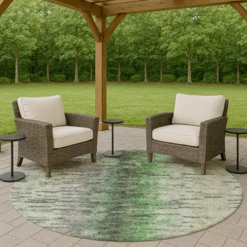 8' Green Gray And Ivory Round Abstract Washable Indoor Outdoor Area Rug