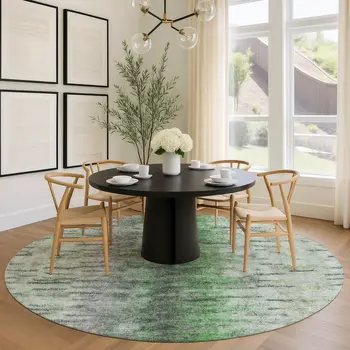 8' Green Gray And Ivory Round Abstract Washable Indoor Outdoor Area Rug