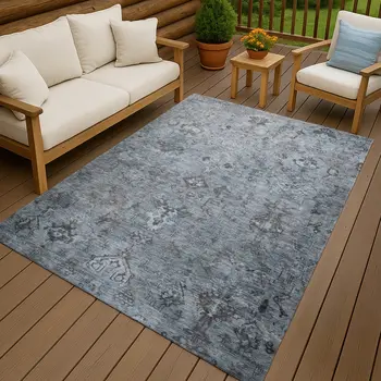 3' X 5' Blue Gray And Ivory Medallion Washable Indoor Outdoor Area Rug