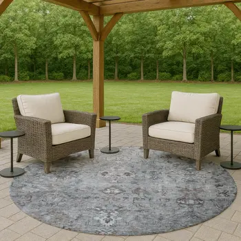 8' Blue Gray And Ivory Round Medallion Washable Indoor Outdoor Area Rug