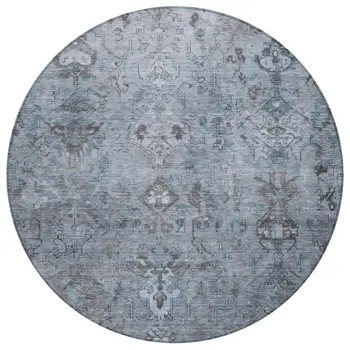 8' Blue Gray And Ivory Round Medallion Washable Indoor Outdoor Area Rug