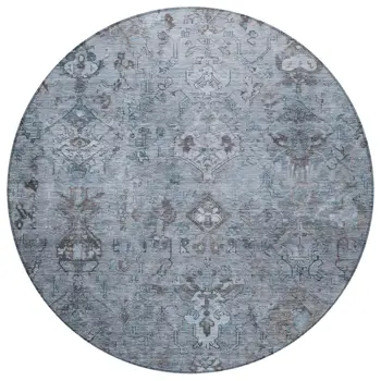 8' Blue Gray And Ivory Round Medallion Washable Indoor Outdoor Area Rug