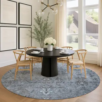 8' Blue Gray And Ivory Round Medallion Washable Indoor Outdoor Area Rug