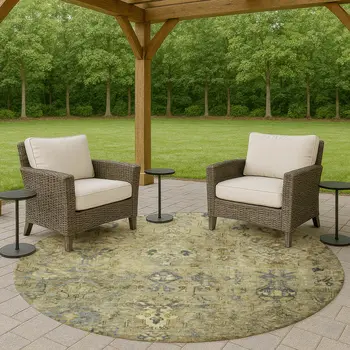 8' Green Blue And Ivory Round Medallion Washable Indoor Outdoor Area Rug