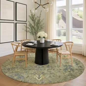 8' Green Blue And Ivory Round Medallion Washable Indoor Outdoor Area Rug
