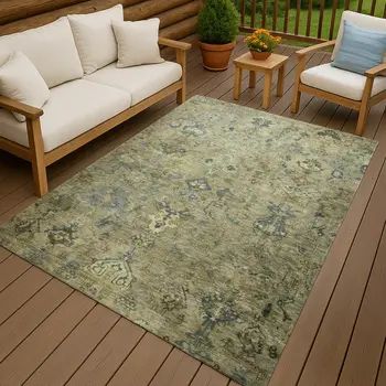 10' X 14' Green Blue And Ivory Medallion Washable Indoor Outdoor Area Rug