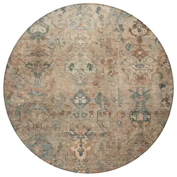 8' Khaki And Gray Round Medallion Washable Indoor Outdoor Area Rug