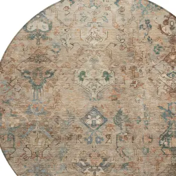 8' Khaki And Gray Round Medallion Washable Indoor Outdoor Area Rug