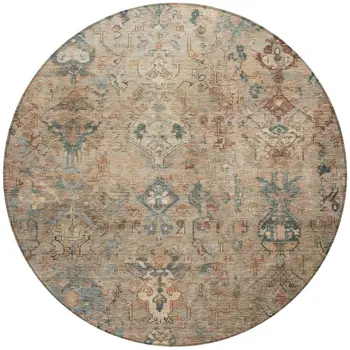 8' Khaki And Gray Round Medallion Washable Indoor Outdoor Area Rug