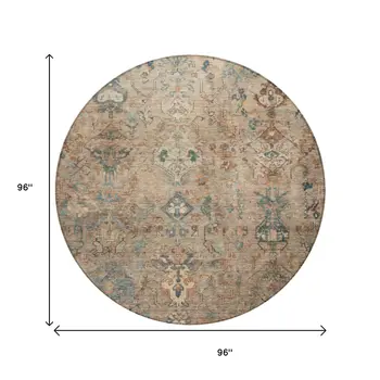 8' Khaki And Gray Round Medallion Washable Indoor Outdoor Area Rug