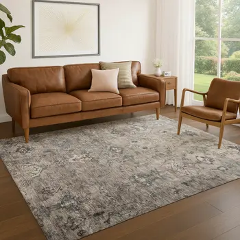 5' X 8' Taupe And Gray Medallion Washable Indoor Outdoor Area Rug