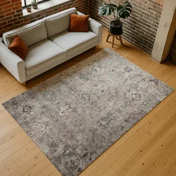 5' X 8' Taupe And Gray Medallion Washable Indoor Outdoor Area Rug