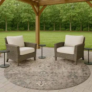 8' Taupe And Gray Round Medallion Washable Indoor Outdoor Area Rug