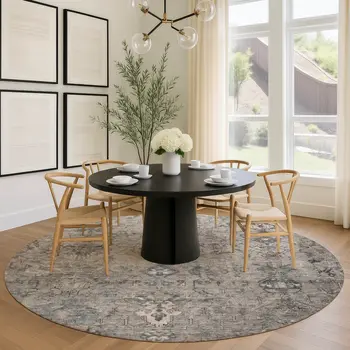 8' Taupe And Gray Round Medallion Washable Indoor Outdoor Area Rug