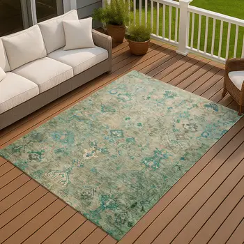 3' X 5' Teal Blue And Beige Medallion Washable Indoor Outdoor Area Rug