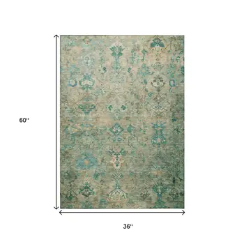 3' X 5' Teal Blue And Beige Medallion Washable Indoor Outdoor Area Rug