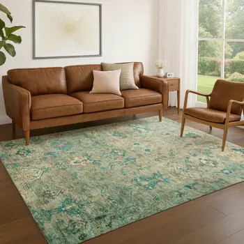3' X 5' Teal Blue And Beige Medallion Washable Indoor Outdoor Area Rug