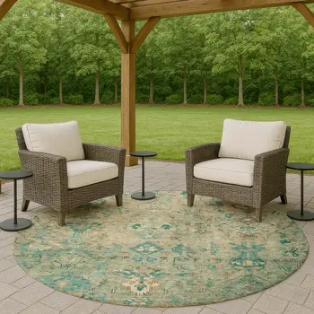 8' Teal Blue And Beige Round Medallion Washable Indoor Outdoor Area Rug